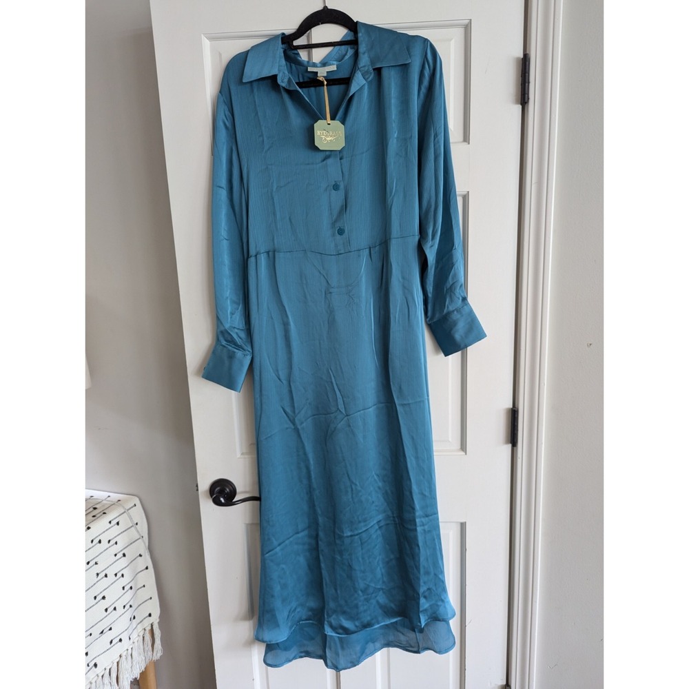 New!! Women's Ryegrass Size 1X XL Long Sleeve Maxi Shirt Dress Tie Waist Teal